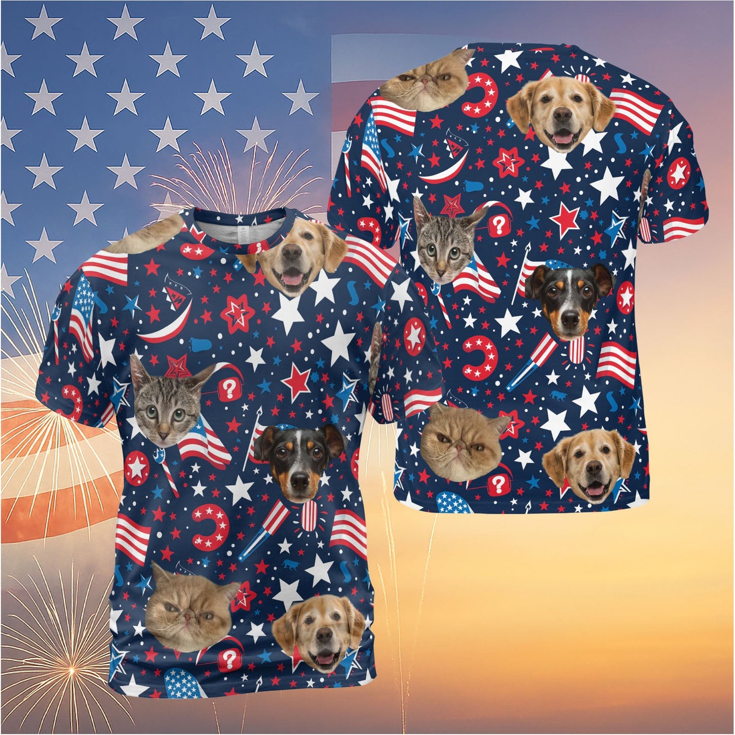 Custom Pet Face Unisex 3D T-Shirt | Personalized Dog Cat Photo Independence Day Shirt | 4th of July All-Over Printed T-Shirt 682302