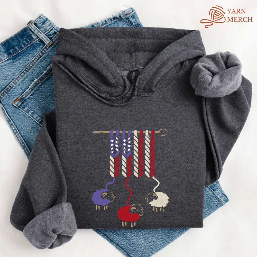 America Wool Hoodie - Patriotic Yarn Art Design Black Hoodie for Knitters