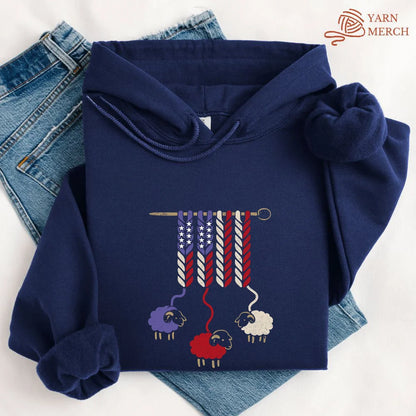 America Wool Hoodie - Patriotic Yarn Art Design Black Hoodie for Knitters