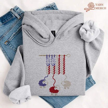 America Wool Hoodie - Patriotic Yarn Art Design Black Hoodie for Knitters