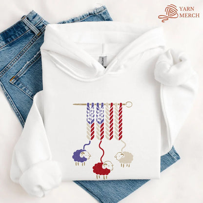 America Wool Hoodie - Patriotic Yarn Art Design Black Hoodie for Knitters