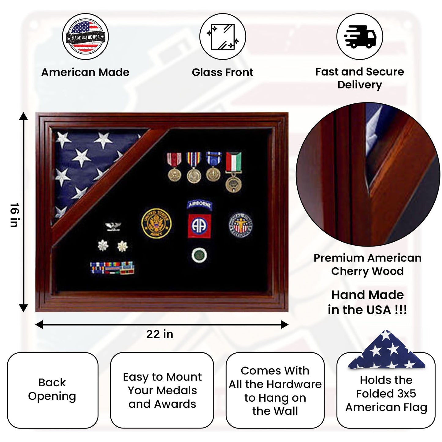 American Corner flag and medal display case - Fit for 3' x 5'