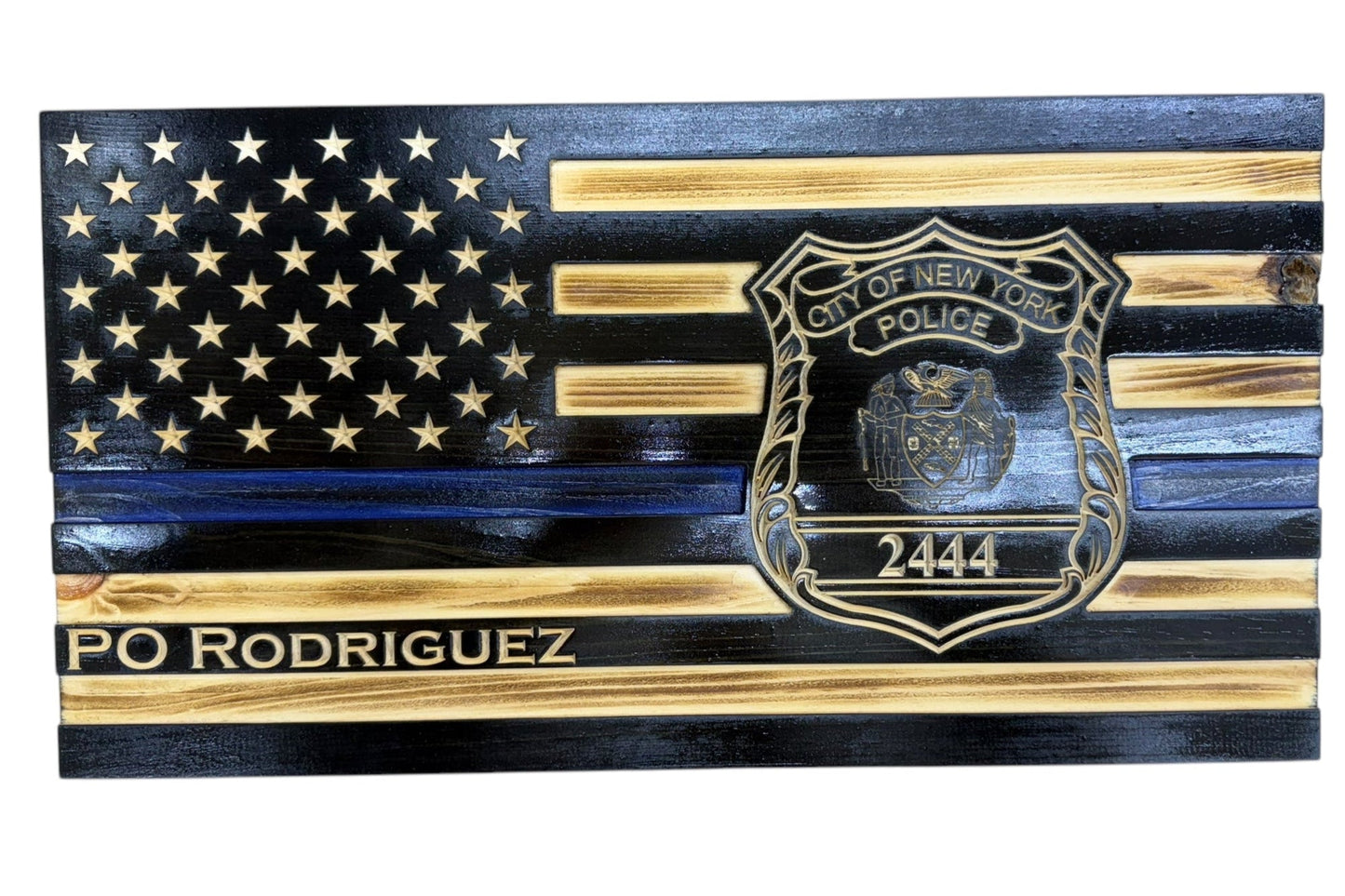 Custom Thin Blue Line Flag with Engraved Badges and Personalized Details