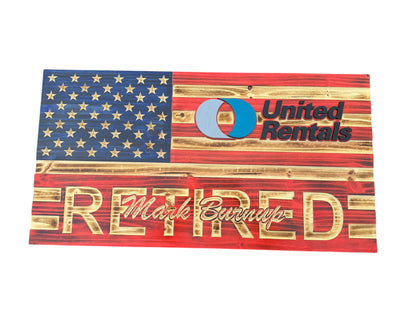 Custom Wooden Retirement American Flag with Personalized Engraving and Badges