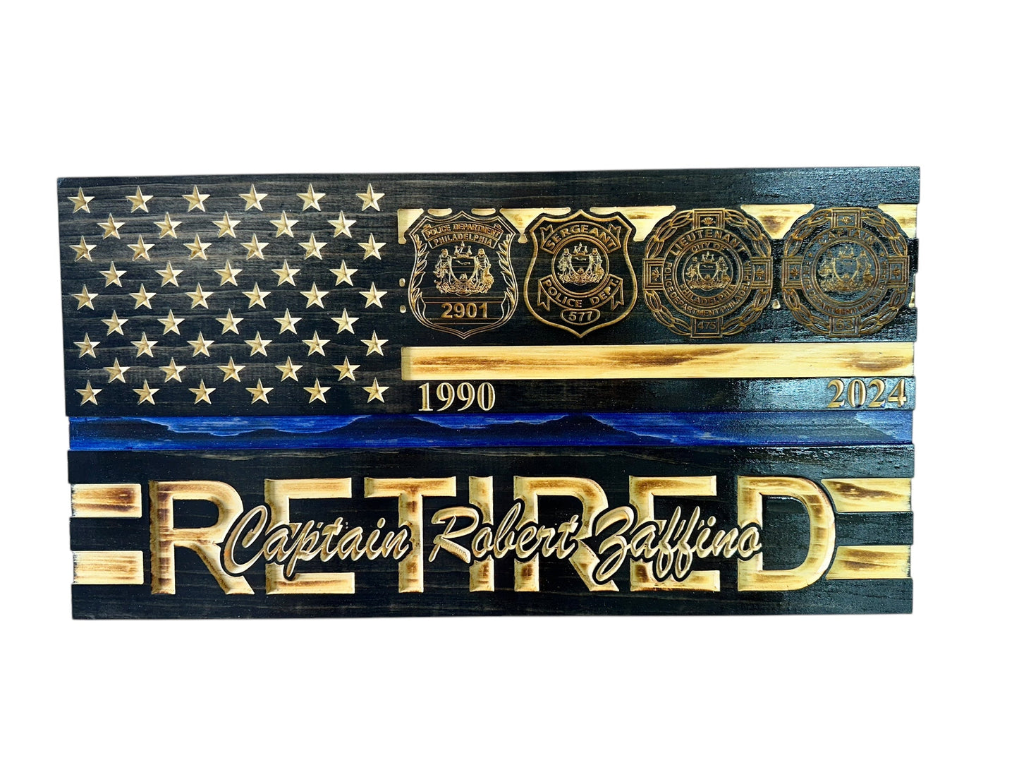 Custom Wooden Retirement American Flag with Personalized Engraving and Badges