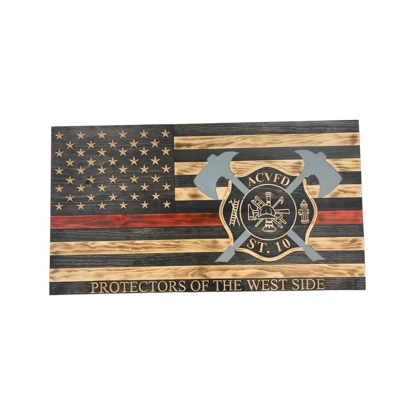 Wooden Thin Red Line American Flag with Axes and Custom Maltese Cross
