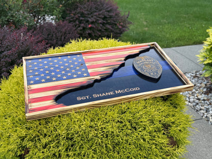 Custom Thin Line American Flag with Badge | 3D Carved First Responder Wall Art