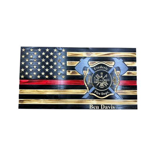 Wooden Thin Red Line American Flag with Axes and Custom Maltese Cross