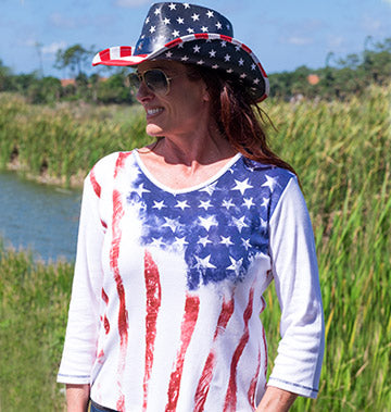 Old Glory Women's 3/4 Sleeve Top - Cotton USA Shirt | Flag Shirt