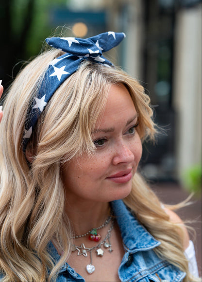 Denim Stars Headband - Patriotic Navy Blue Cotton Wire Headband