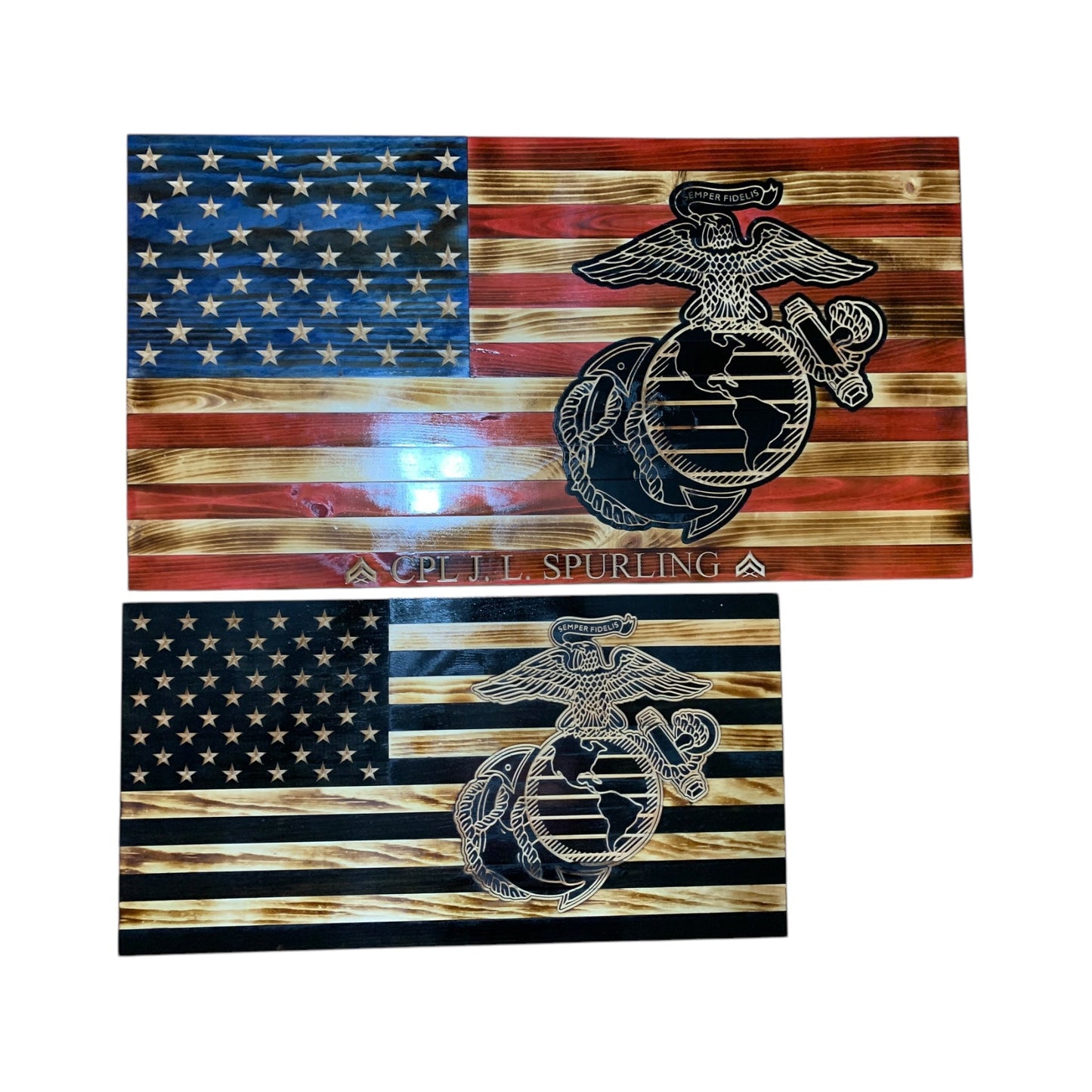 Wooden American Flag with Marine Corps Logo and Personalization