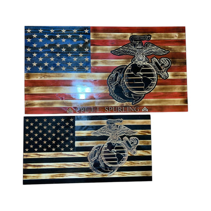 Wooden American Flag with Marine Corps Logo and Personalization