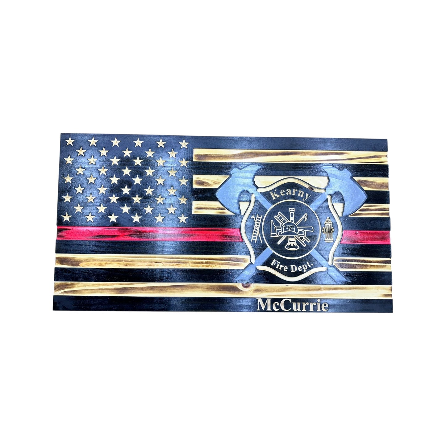 Wooden Thin Red Line American Flag with Axes and Custom Maltese Cross