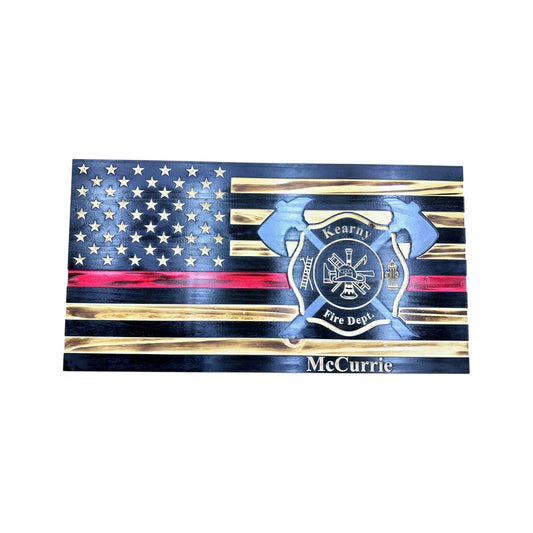 Wooden Thin Red Line American Flag with Axes and Custom Maltese Cross