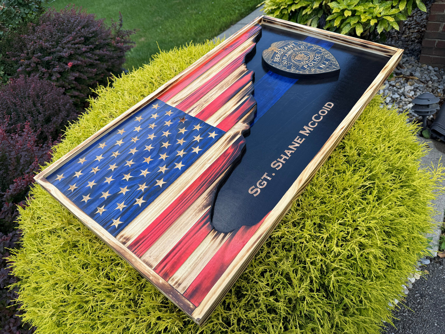 Custom Thin Line American Flag with Badge | 3D Carved First Responder Wall Art