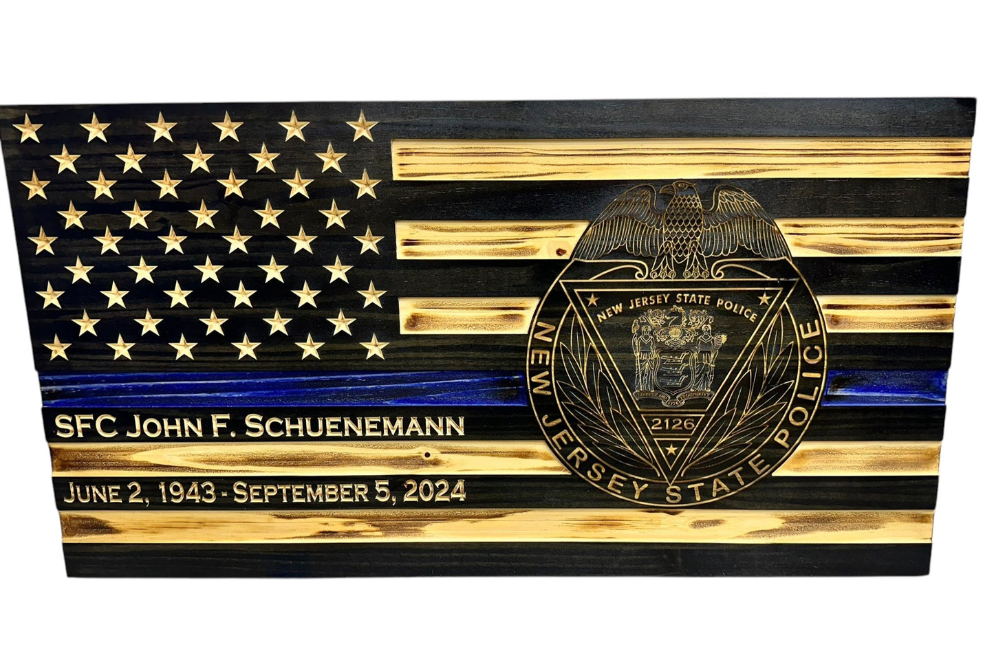 Custom Thin Blue Line Flag with Engraved Badges and Personalized Details