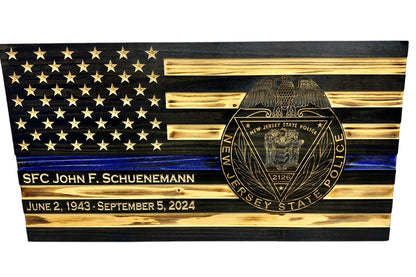 Custom Thin Blue Line Flag with Engraved Badges and Personalized Details