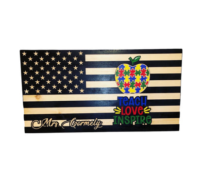 Wooden American Flag for Teachers with Personalized Engraving