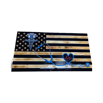 Wooden American Flag for Nurses with Caduceus and Stethoscope Design