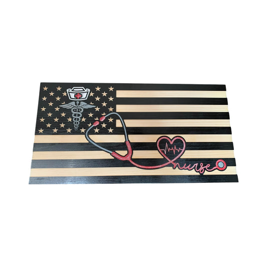 Wooden American Flag for Nurses with Caduceus and Stethoscope Design