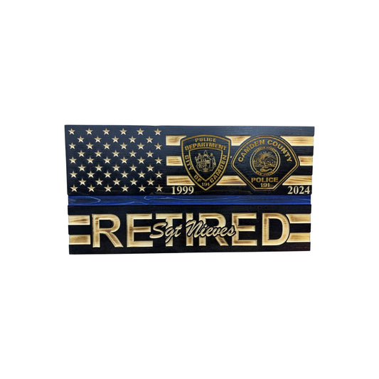 Custom Wooden Retirement American Flag with Personalized Engraving and Badges