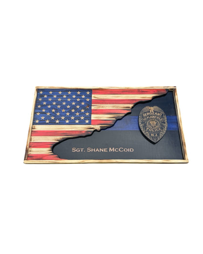 Custom Thin Line American Flag with Badge | 3D Carved First Responder Wall Art