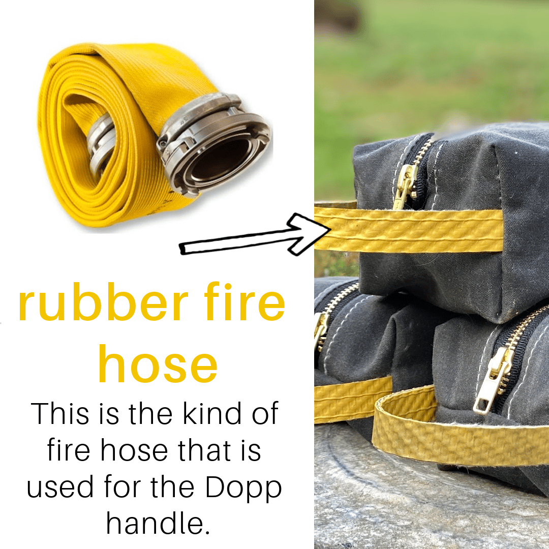 Graphic showing a roll of yellow rubber fire hose with text explaining that this type of hose is used to make the handle on the Dopp Burn Bag