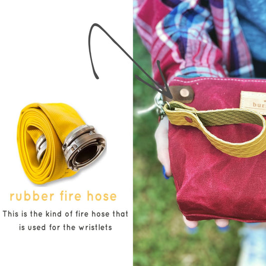 Image showing the yellow rubber fire hose used to make Burn Bag wristlets, next to a wristlet attached to a red bag.