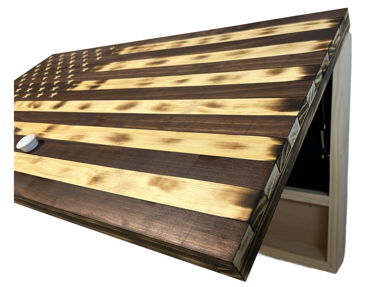 Rustic American Flag Hidden Gun Storage Cabinet Burnt Wood and Red Mahogany