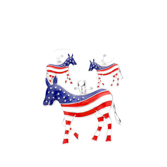 Enamel American USA Flag Democrat Donkey Magnetic Pendant Set