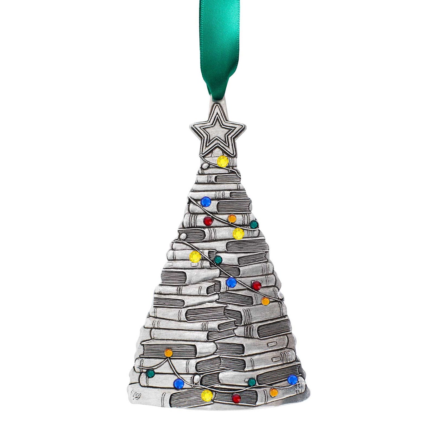 A silver Christmas tree ornament shaped like a stack of books, decorated with small multicolored lights and a green ribbon at the top, shown on a plain white background.