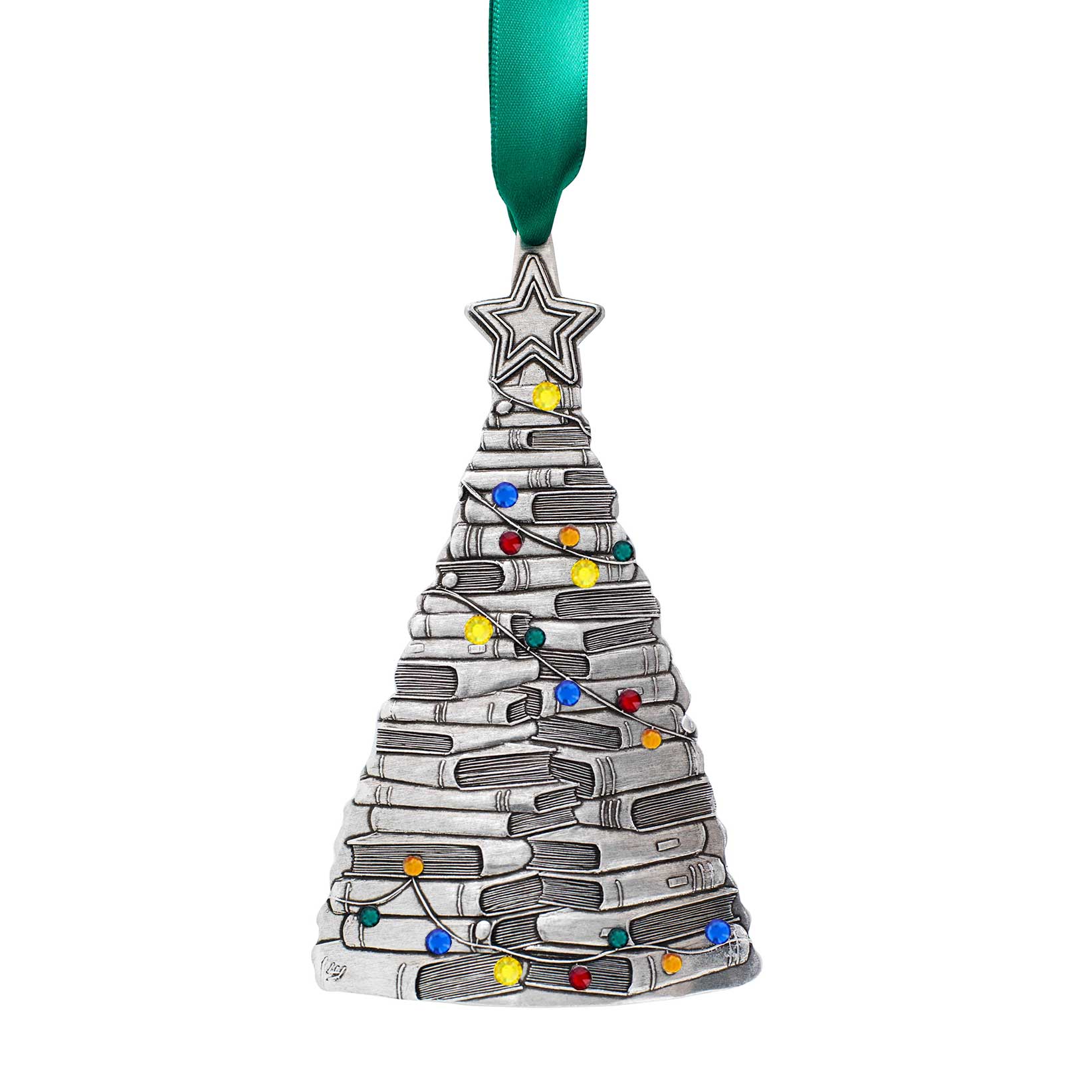 A silver Christmas tree ornament shaped like a stack of books, decorated with small multicolored lights and a green ribbon at the top, shown on a plain white background.