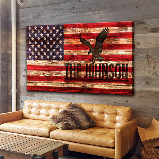 Rustic American Flag Family Name Sign – Personalized Canvas Wall Art
