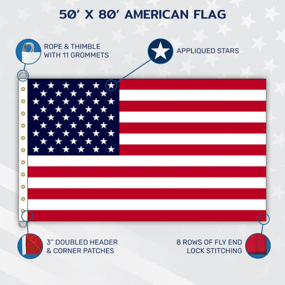 Official product reference for the 50' x 80' American flag, showing proportions and star field layout.