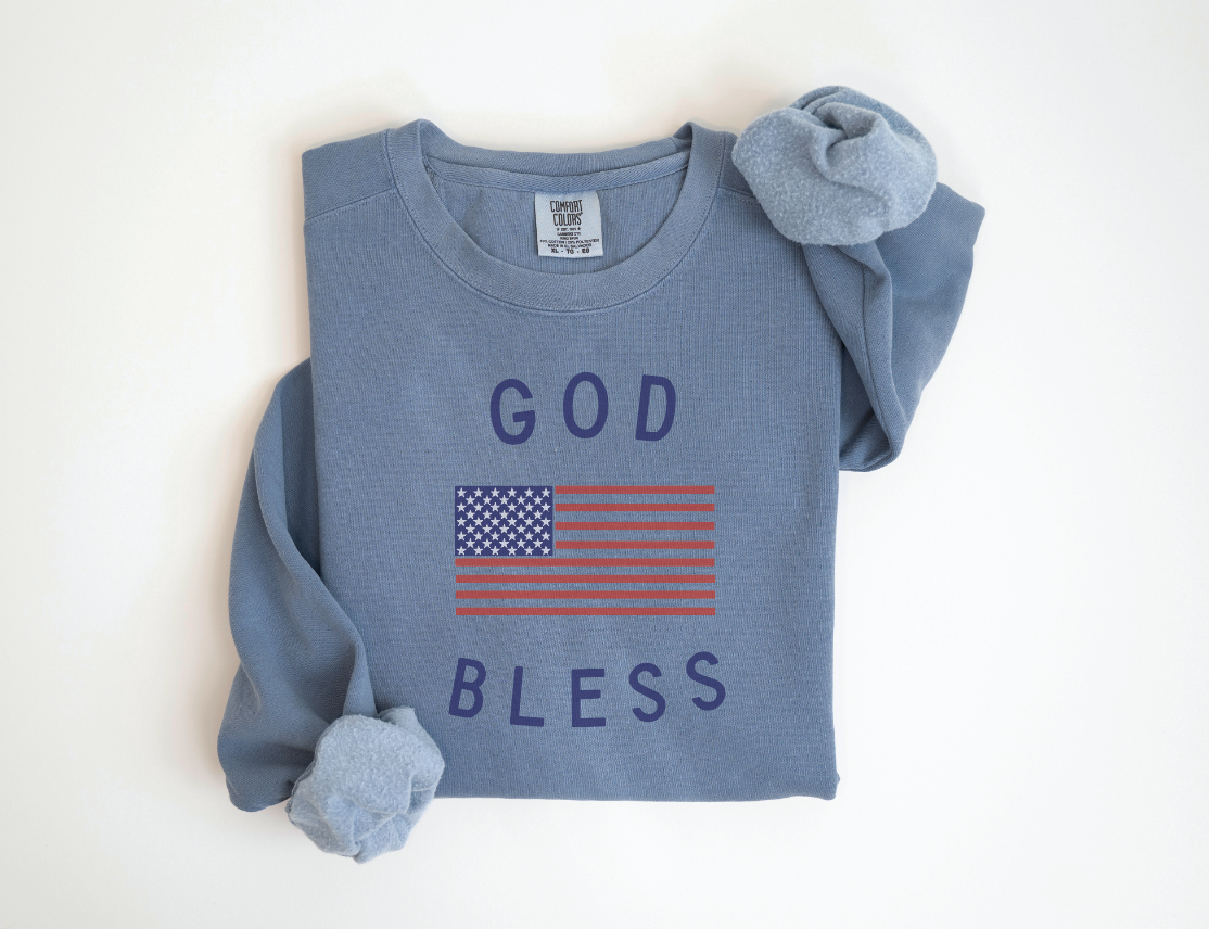 God Bless America Lightweight Pullover - Patriotic Screen-Printed Sweatshirt