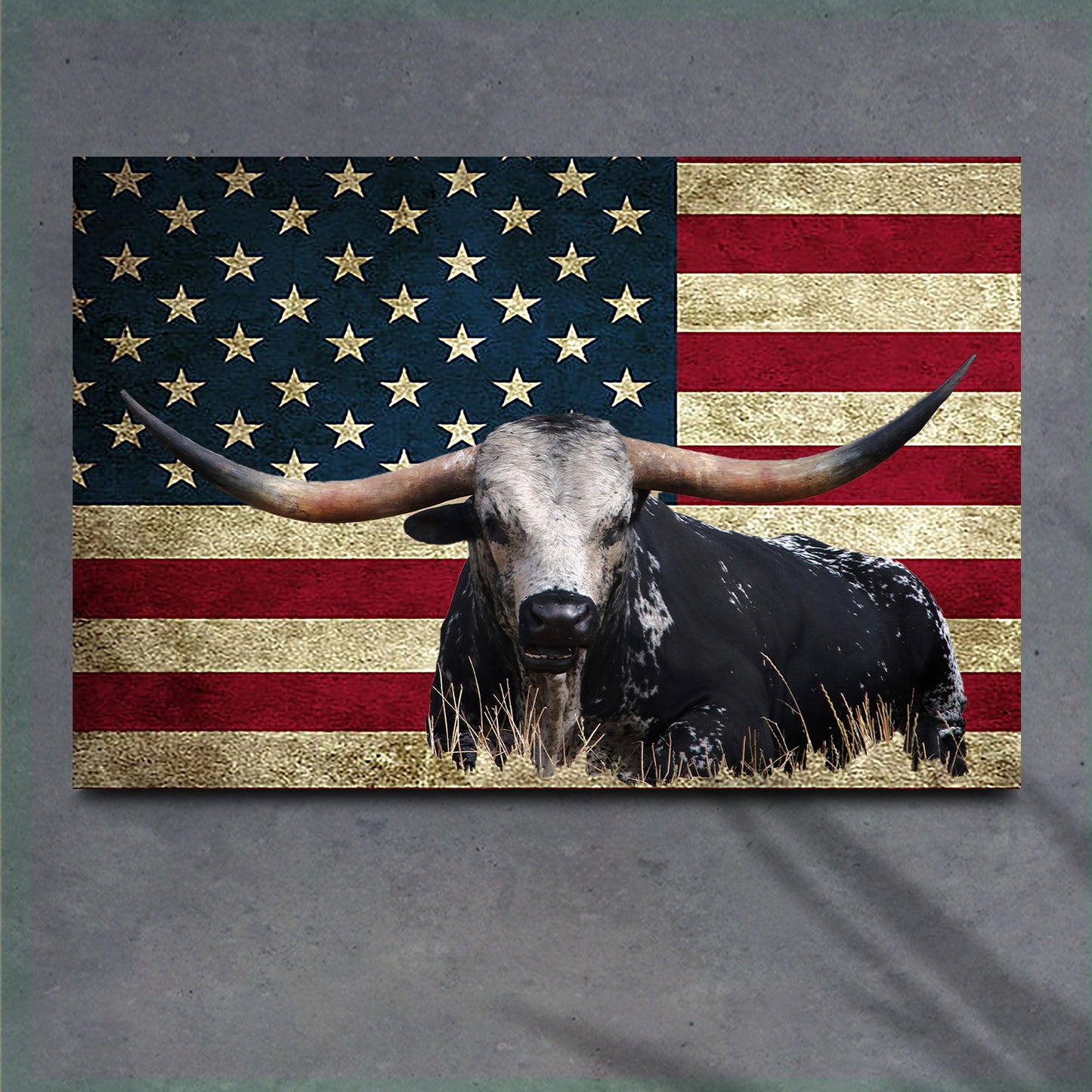 Longhorn Cattle American Flag Canvas Wall Art – Patriotic Texas Decor