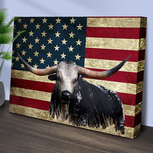 Longhorn Cattle American Flag Canvas Wall Art – Patriotic Texas Decor
