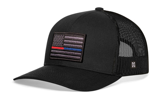 Thin Red and Blue Line Trucker Hat  |  Black Police And Fire Tactical Snapback