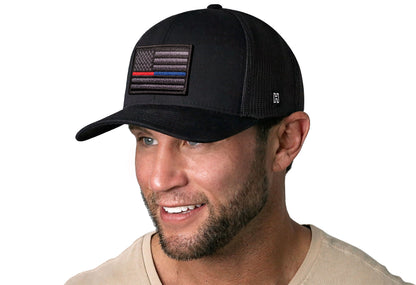 Thin Red and Blue Line Trucker Hat  |  Black Police And Fire Tactical Snapback
