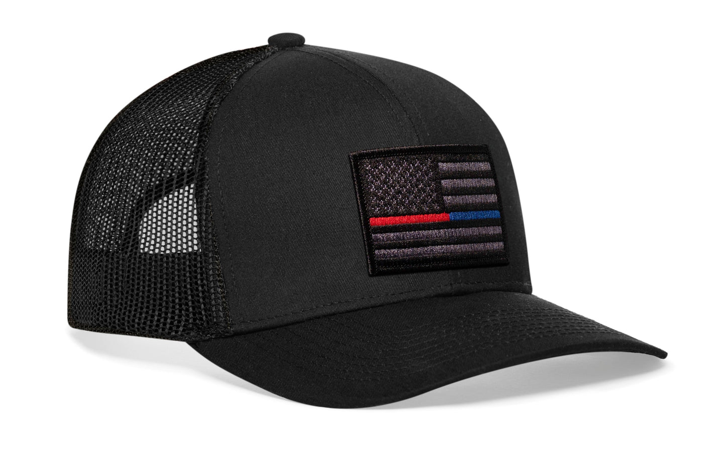Thin Red and Blue Line Trucker Hat  |  Black Police And Fire Tactical Snapback