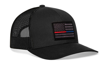 Thin Red and Blue Line Trucker Hat  |  Black Police And Fire Tactical Snapback