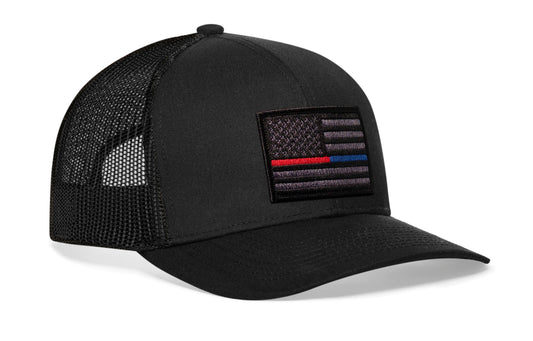 Thin Red and Blue Line Trucker Hat  |  Black Police And Fire Tactical Snapback
