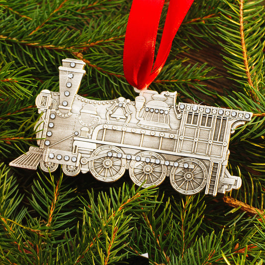 Vintage Locomotive Ornament - Hand-Hammered Aluminum with Austrian Crystal