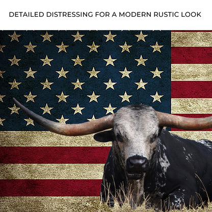 Longhorn Cattle American Flag Canvas Wall Art – Patriotic Texas Decor