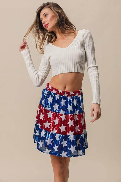 American Flag Star Sequin Skirt - Patriotic Tiered Skirt for Women
