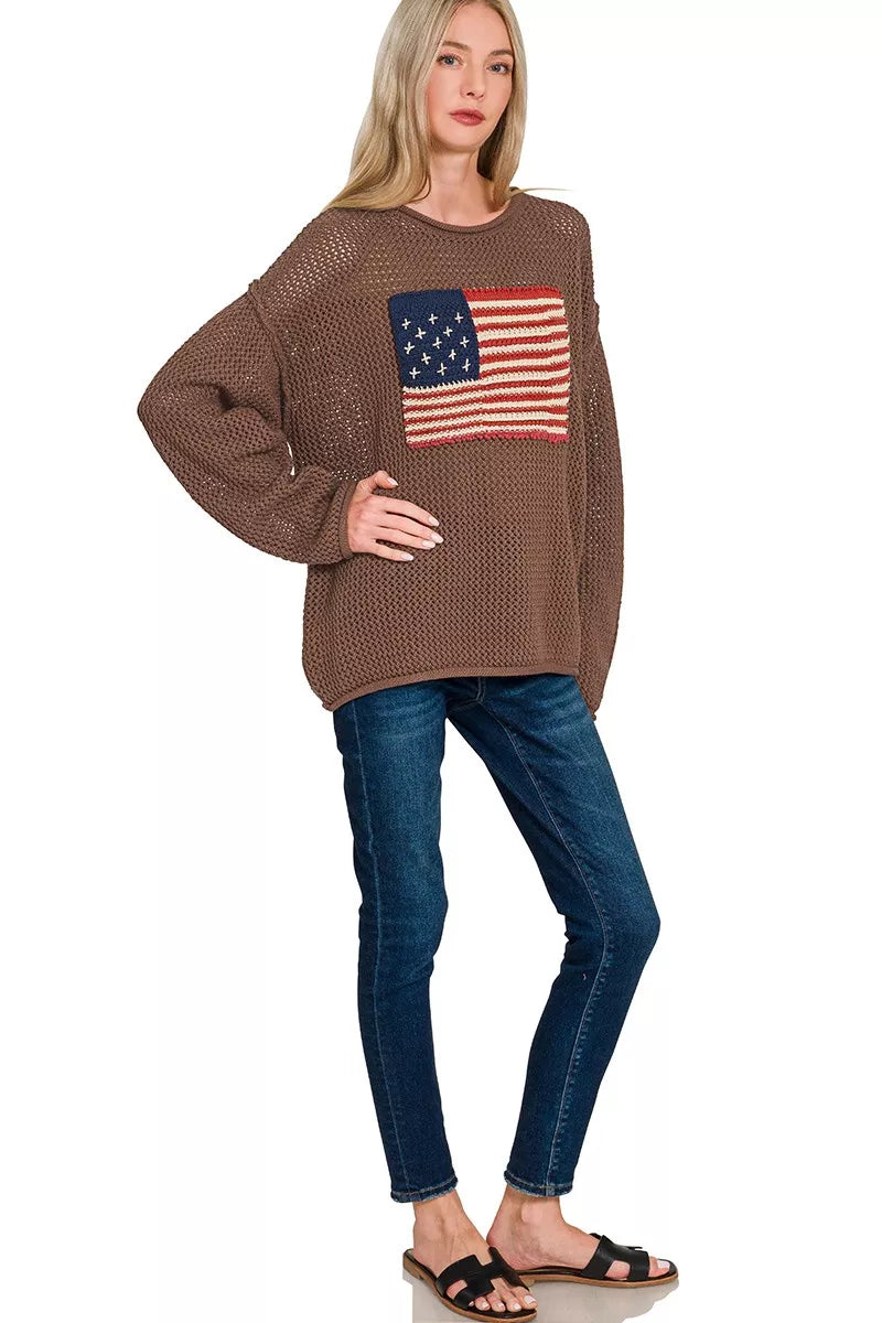 Zenana American Flag Crew Neck Sweater