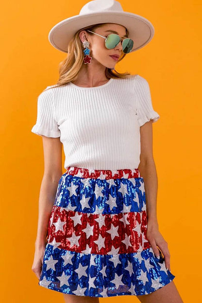 American Flag Star Sequin Skirt - Patriotic Tiered Skirt for Women