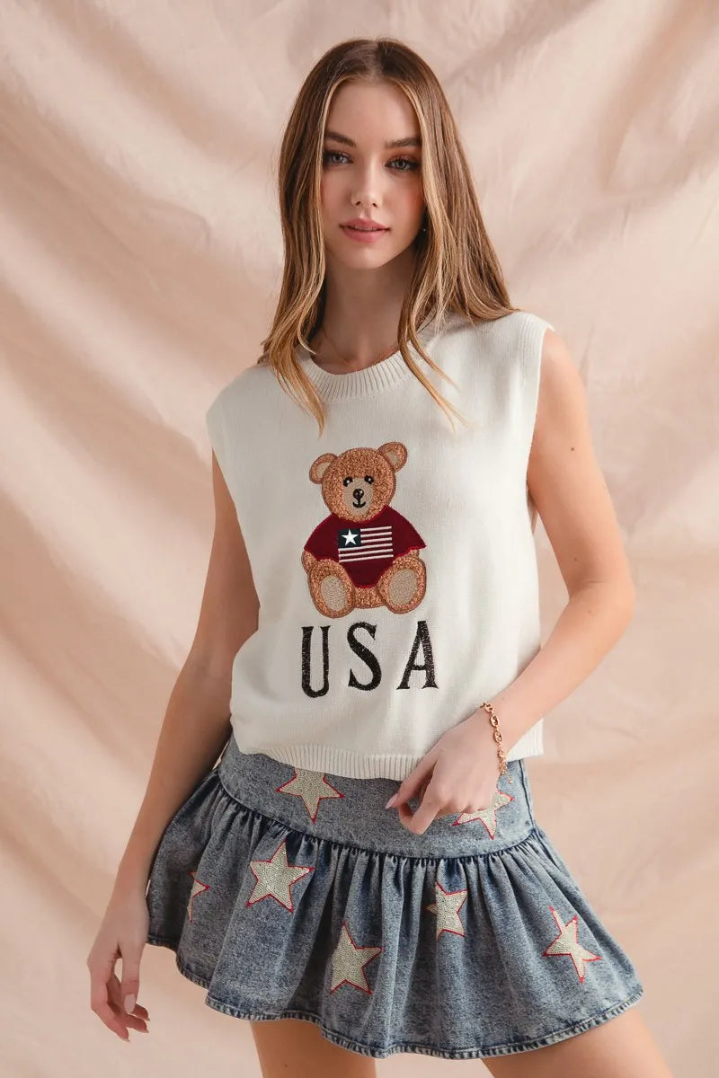 SO ME Teddy Bear Wearing An American Flag With Usa Embroidered Sweater