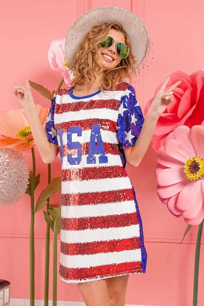 American Flag Sequin Dress - Patriotic USA Print Party Dress for Women