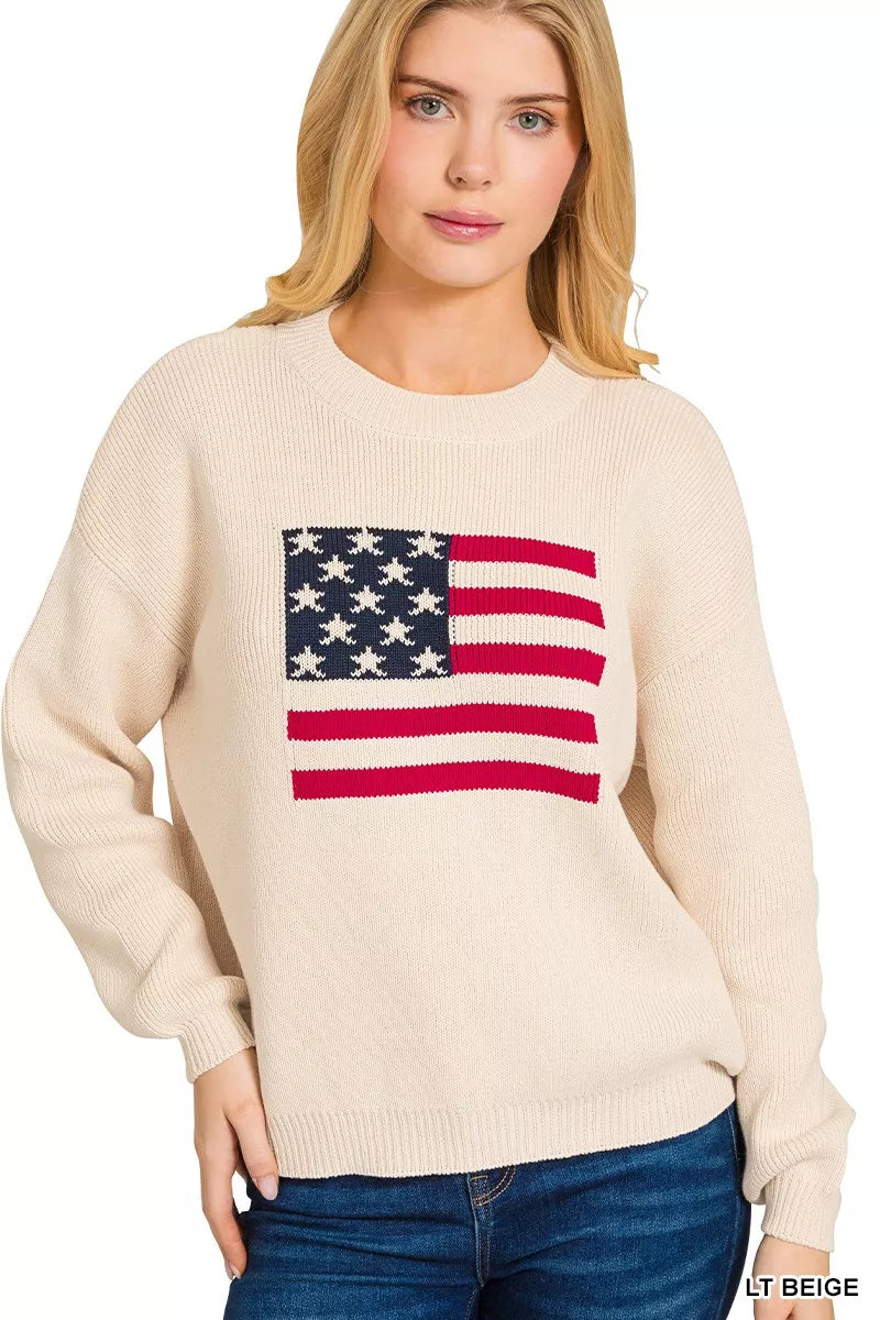Zenana American Flag Crew Neck Sweater